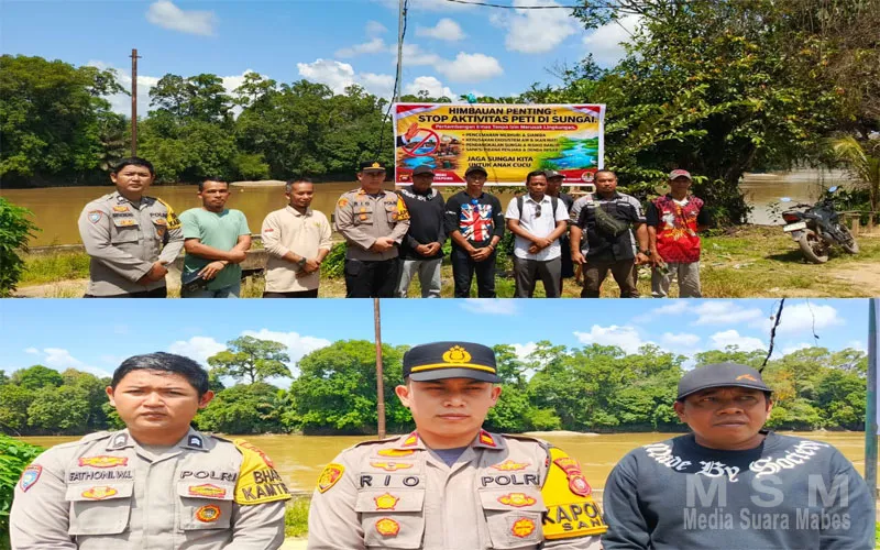 Sinergi Bersama Pemdes, Polsek Sandai Polres Ketapang Pasang Imbauan Larangan Aktivitas PETI di Sungai Pawan Desa Penjawaan