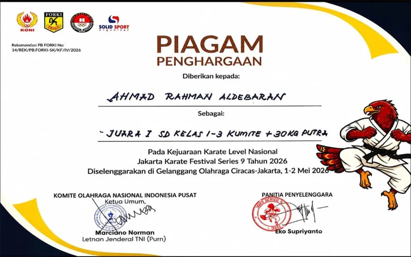 Ananda Ahmad Rahman Aldebaran Raih Juara 1 Kumite pada Jakarta Karate Festival Series 9 Tahun 2026