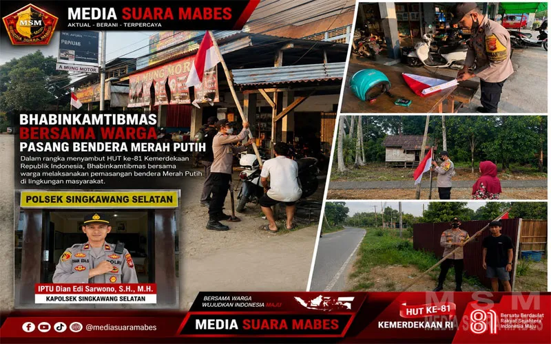 Semarak HUT ke-81 RI, Polsek Singkawang Selatan Bagikan dan Pasang Bendera Merah Putih di Rumah Warga