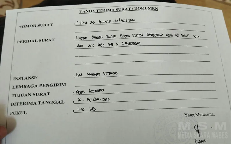 LSM Amunisi Laporkan Dugaan Korupsi Dana Bos SMPN 11 Pesawaran ke Kejati Lampung