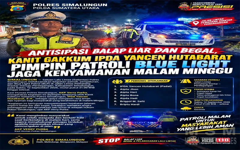 Antisipasi Balap Liar dan Begal, Kanit Gakkum IPDA Yancen Hutabarat Pimpin Patroli Blue Light Jaga Kenyamanan Malam Minggu