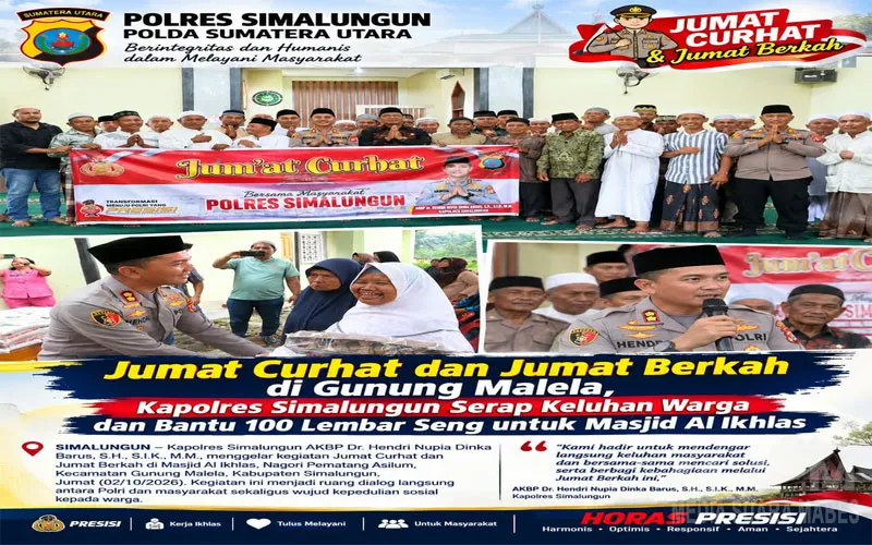 Jumat Curhat dan Jumat Berkah di Gunung Malela, Kapolres Simalungun Serap Keluhan Warga dan Bantu 100 Lembar Seng untuk Masjid Al Ikhlas