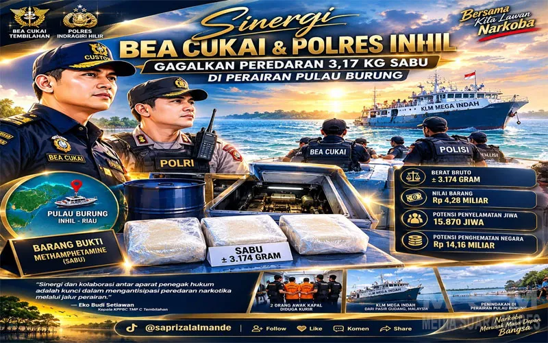 Bea Cukai dan Polres Inhil Gagalkan Penyelundupan 3,17 Kg Sabu dari Malaysia