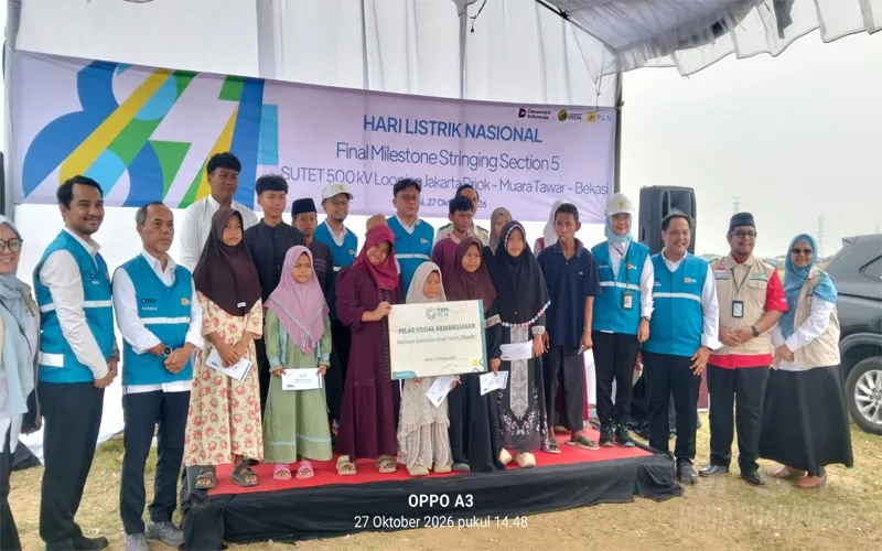 Momen peringatan Hari Listrik Nasional Ke-81 Tahun 2026, PT PLN (Persero) UIP JBB tandai dengan melaksanakan Final Milestone Stringing Section 5 SUTET 500 kV Looping Jakarta–Priok–Muarah Tawar Bekasi dan penyaluran program Pilar Sosial Kemanusian dengan memberikan Santunan kepada Anak Yatim Dhuafa